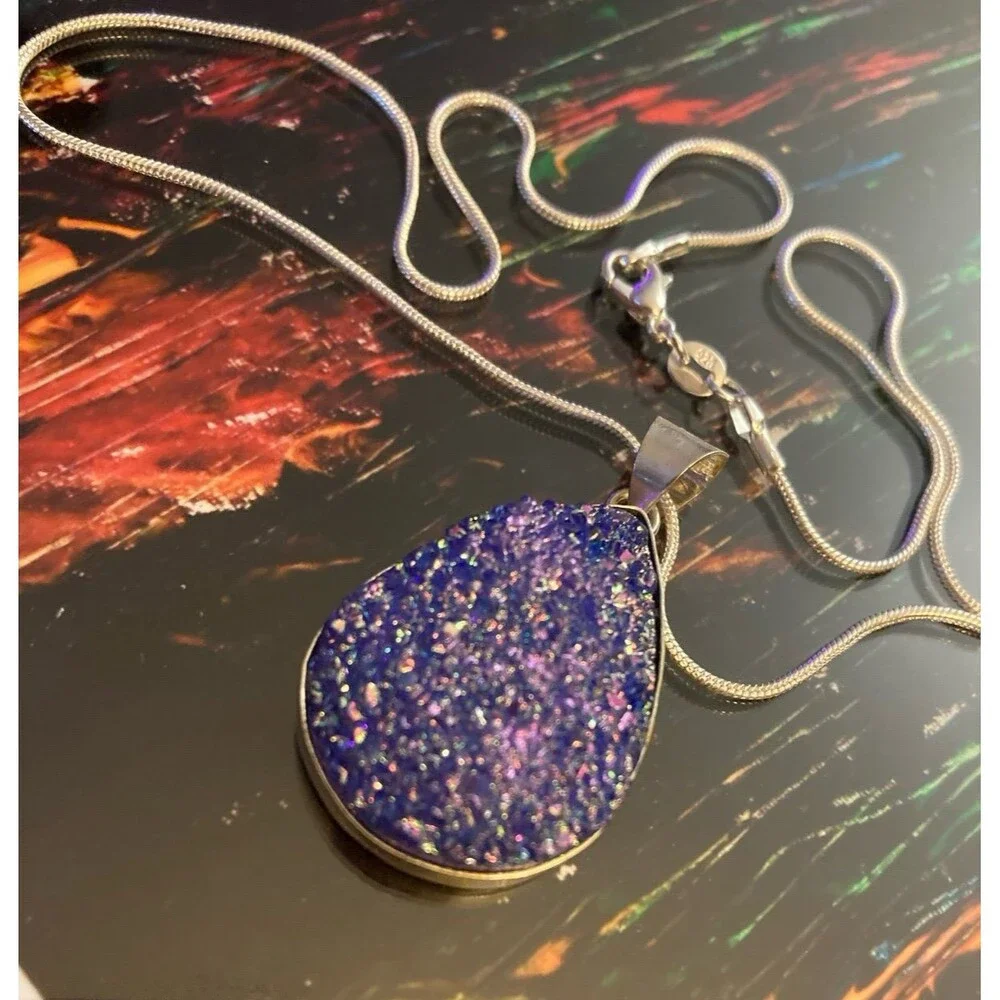 Rainbow Druzy Quartz Healing 925 silver Necklace womens jewelry juniors gift Gem